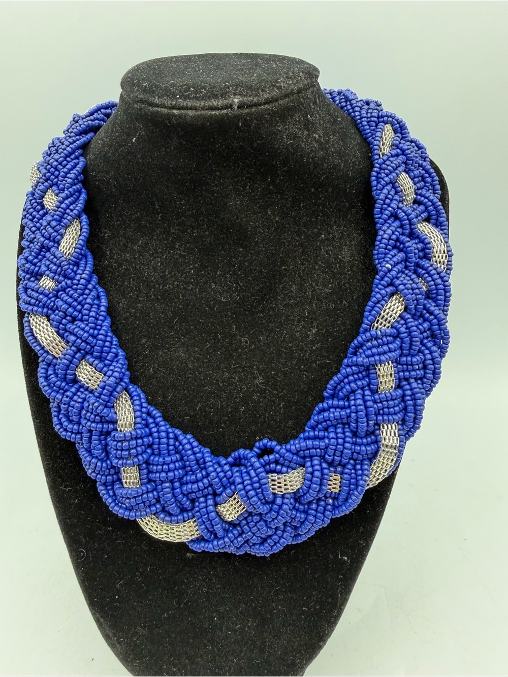 Vintage Blue Seed Bead Braided Statement Necklace
